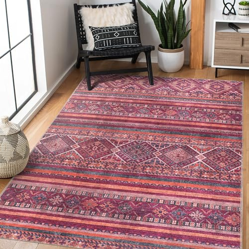 NETLINE HOME Waschbarer Flachgewebeteppich, rutschfest, Kurzflor Vintage Teppich, Boho-Design, faltbar für Schlafzimmer – Rot