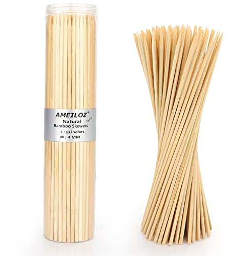 12 Natural Bamboo Wood Barbecue Skewers for Kabob, Appetizer, Fruit, Sausage, Chocolate Fountain, Wooden BBQ Kebob Skewer Stick, Organic Food Sticks for Grilling, Kitchen (Φ=4mm Thick, 100PCS)