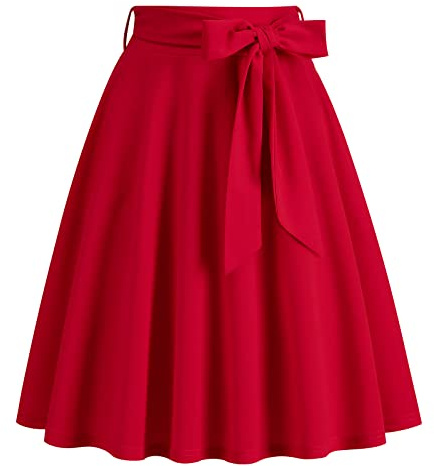Odizli Rock Damen Knielang Rockabilly Tellerrock Elegant 50er Jahre Vintage Audrey Hepburn A Linie Swing Petticoat Röcke Faltenrock Plisseerock Retro Trachtenrock Festlich Sommerrock Rot XXL