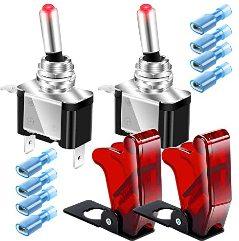 Guuzi 2 pcs 3 Pines SPST Interruptores de Palanca con Cubierta de Luces LED, Interruptor de Palanca Basculante con Cubierta Iluminada LED Rojo, Interruptor Automático(20 A 12 V-24 V CC)