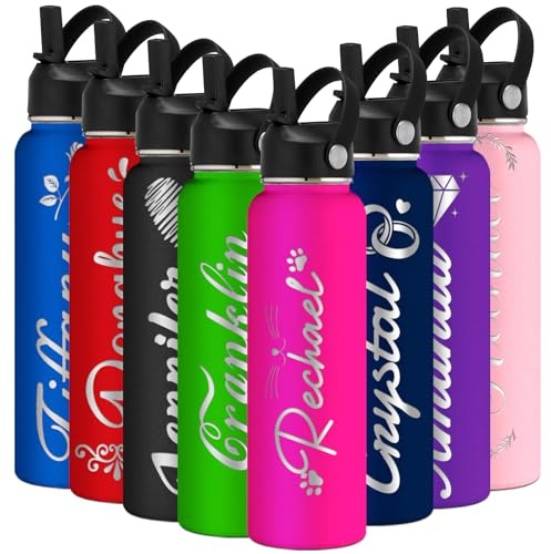 Individuell gravierte Wasserflasche, isoliert mit Strohhalm, personalisierte Sport-Wasserflasche mit Namen, personalisieren Sie Edelstahl-Wasserflasche mit Strohhalm-Deckel für Männer und Frauen