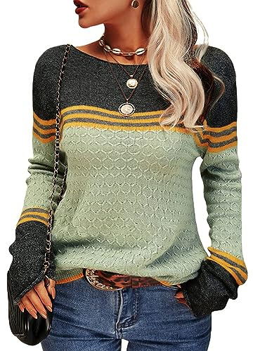 Tankaneo Pull en tricot à manches longues et col rond pour femme | Chemises à manches longues, pull au crochet, rayé, coupe ajustée, tricot, hauts, décontracté, sweat-shirt, haut, pull long