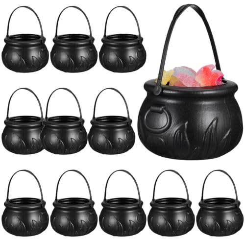 Garneck 12 Stück Halloween kleine Kessel: 9x7 cm Plastik Hexenkessel Mini Schwarz Halloween Deko Kessel für Süßigkeiten - Kinder Süßes oder Saures Eimer Party Tischdeko