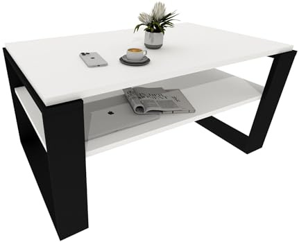 CraftPAK Wohnzimmer Tisch für Couch aus hochwertigem Holz, Stabiler & moderner Couchtisch mit zusätzlicher Ablagefläche, Model Kaja 96, Farbe Beton Weiß-Schwarz