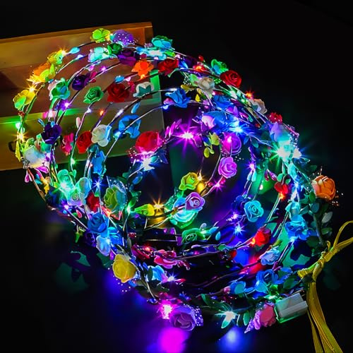 Tulov 10 Stück LED Blumenkranz Stirnband, Leuchtend Haarkranz, Girlanden Stirnband mit zehn Blumen und zehn LED-Lichtern, leuchtender Kopfschmuck für Partys, Festivals, Hochzeiten