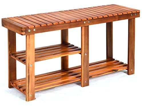 COSTWAY Schuhregal mit Sitzbank, Schuhbank mit 2 Ablagen, Schuhschrank aus Holz, Schuhständer für Bad, Wohnzimmer und Eingangsbereich, 87 x 28 x 45 cm, Natur