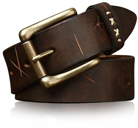 Karoukee Handgefertigter Gealterter Ledergürtel für Männer - Lässiger Vollnarbenleder Herrengürtel - Robuster Herren Mode Gürtel - 3.8 CM Breit - Schwere Messingschnalle