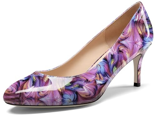 NobleOnly Damen Geschlossene Runde Zehenkappe Mittlerem Kitten Absatz Heel Slip-on Büroschuhe Pumps Dress Lässig Klassisch Schuhe 6.5 cm Heels Lila Wirbel 41 EU
