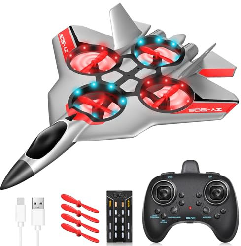 JONRRYIN RC Flugzeug für Kinder, 2,4 GHz Ferngesteuertes Flugzeugmodell mit LED, RC Flugzeug mit 4 Achsen Gyro Stabilisator für Kinder und Anfänger (Silber)