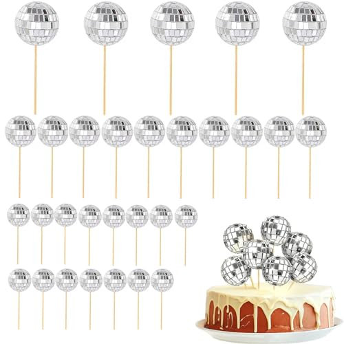 BAIYSFFG 30PCS Disco Ball Cake Toppers,Mini Disco Balls,1970s Disco Ball Cake Decorations Cupcake Toppers Cake Picks for Birthday Disco Theme 70s Party Supplies