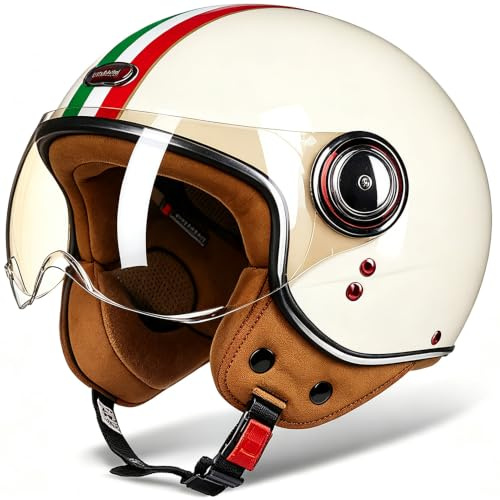 Vintage Motorrad-Halbhelm, 3/4 Offener Motorradhel mit Transparenter Sonnenschirm, ECE-geprüft 22-05, Jet-Helm für Männer und Frauen, Motorrad-Sturzhelm, Jet Helm Mopedhelm