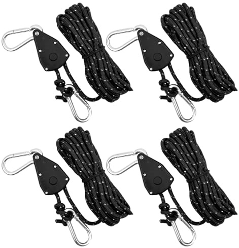 Fangehong 4 PCS Corde de Tente Réfléchissante, 6mm Cordon de Camping avec Poulie, Corde à Cliquet avec Crochet, Corde Nylon Escalade 5M, Tendeur de Corde a Linge Exterieur pour Randonnée, Auvent