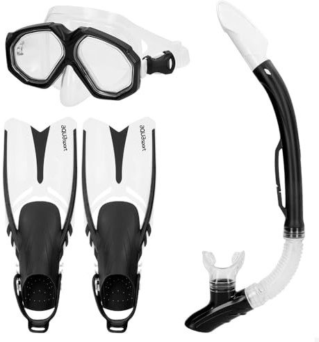 AKTIVE Aqua Sport Gafas de Buceo con Tubo Flexible y Aletas Adultos, Máscara antigotas, Fácil Ajuste, Látex Free, Aleta Ajustable 38-42, Válvula de Drenaje y Escape, Lentes policarbonato (54257)