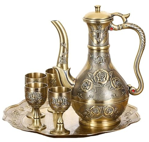 SUPBEI Vintage-Kaffee-Teekanne, Messing-Rosenmuster, Türkisches Teeservice mit 1 Teekanne, 4 Kaffeetassen und 1 Teetablett, Exquisites Handwerkliches Teetassen-Set für Hochzeitstee-Tischdekoration