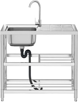 CALISTOUK Fregadero de Cocina Comercial de Acero Inoxidable para Exteriores con Grifo Mesa de Trabajo, 80 * 75 * 40cm Estantería de Almacenamiento de Dos Pisos para Lavandería Garaje Camping