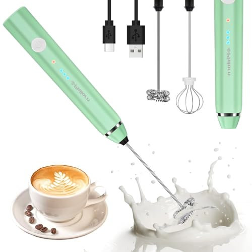 Philorn Mousseur à Lait électrique Portatif à Double Fouet, Mousseur à Lait Rechargeable Usb à 3 Vitesses, Mousseur à Lait Manuel Pour Café/Latte/Cappuccino/Fouetter Les œufs (Vert)