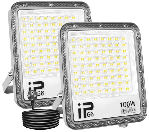 SKYWORLD 100W Projecteur LED Extérieur 2 pièces,IP66 Étanche Éclairage de Sécurité Extérieur,Blanc Froid Phare LED Exterieur avec Prise pour Jardin Patio Garage Cour Terrasse Maison