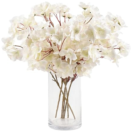 HUIANER Lot de 6 fleurs de cerisier artificielles en soie avec tige pour bouquet de mariage, boutonnière, couronne, centre de table, décoration extérieure (blanc)