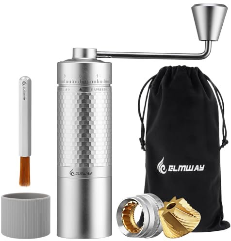 ELMWAY Honeycomb Manual Coffee Grinder by ELMWAY – 7-Star Titanium-Plated 440 Stainless Steel Burr, Full Metal Body, External Adjustment, Three-Bearing & Magnetic Handle with Premium Accessories