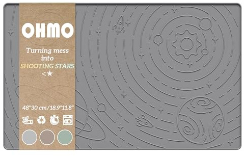 OHMO Tappetino Ciotola per Cane e Gatto(48x30cm, Grigio Scuro, Galassia) Silicone Impermeabile Antiscivolo a Prova di Fuoriuscita per Cibo e Acqua, Senza BPA