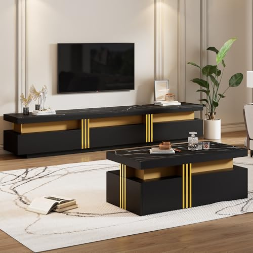 YESGIGA Moderner Lowboard TV-Schrank mit Marmor-Optik, TV-Board, TV-Kommode, Für Fernseher bis 90 Zoll (Schwarz C)