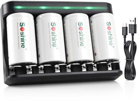 Baterías D recargables con cargador, cargador de batería inteligente de 8 bahías con 4 baterías D de 11000 mAh para AAA/AA/SC/C/D Ni-MH Ni-CD