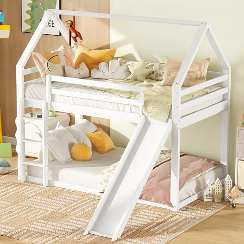 boorbin Letto matrimoniale per bambini, letto a castello con scivolo e scala, per cameretta dei bambini, letto matrimoniale (bianco, 90 x 200 cm)