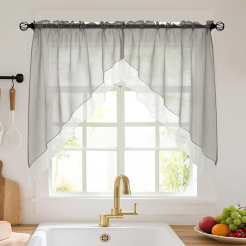 HiSnug Curtain 2er Set Grau Voile Küche Scheibengardine, Double Layered Design, Geeignet für Balkon, Café, Wohnwagen, H120 x B125 cm