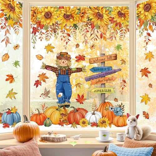 decalmile Fensterbilder Herbst Hängende Blume Sonnenblumen Fensteraufkleber | Statische Anti-Kollision Fensterdeko, Beidseitiger Druck, auf Beiden Seiten klar Sichtbar, Wasserdicht, Abnehmbar