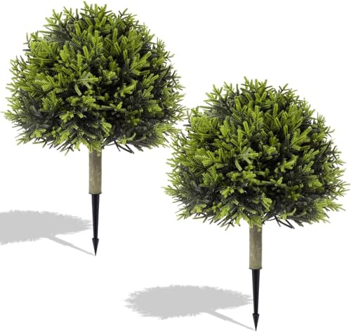 Capoda 2 Pack 24 Artificial Norfolk Pine Topiary Ball Trees with Ground Spike, Christmas Outdoor Shrubs, Fake Plants for Winter Holiday Xmas Outdoor Indoor Front Door Porch Patio Garden Yard Decor