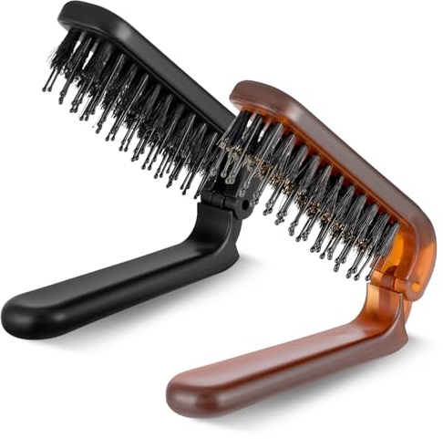 IANFAN 2 Pcs Folding Boar Bristle Brush, Portable Pocket Travel Folding Hair Brush Anti-Static Soft Boar Bristles Hairbrush for Wet/Dry Thin, Thick, Curly, Straight