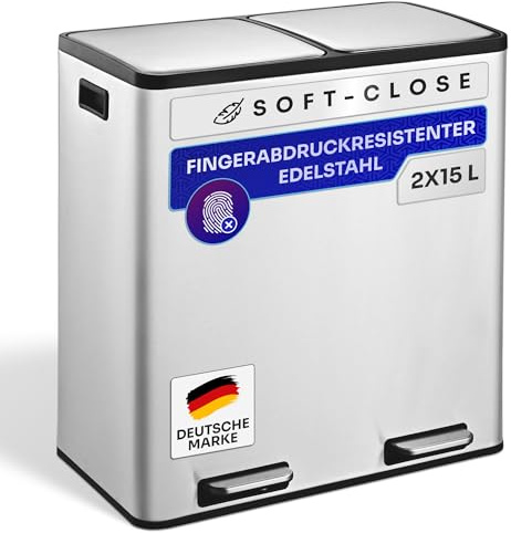 Gardissimo Edelstahl Mülleimer Ruby Küche, 2 x 15 Liter, silber | Mülltrennsystem 2 Fächer, Treteimer, Softclose-Deckel, Recycelbare Abfälle & Biomüll
