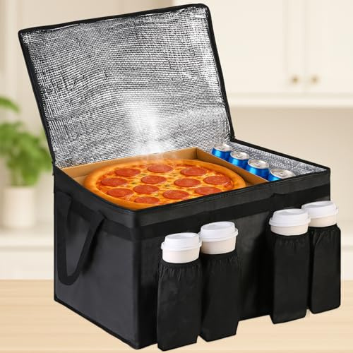 Bodaon Insulated Food Delivery Bag with 4 Cup Holders, XXL Pizza Cooler Bags, Rideshare Delivery Bag, Thermal Cold/Hot Styrofoam Carrier for Catering/Shopping/Travel/Car, Warmer/Frozen