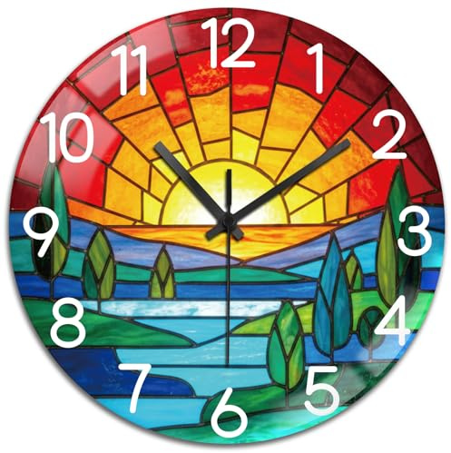 peacoblue Silent Wall Clock 12 Inch Bohemian Sunset Living Room Kitchen | Non Ticking, Battery Operated, Glass Round Wall Clock Unusual Design For Bedroom,Bathroom,lounge,Dining Room,Office Decor