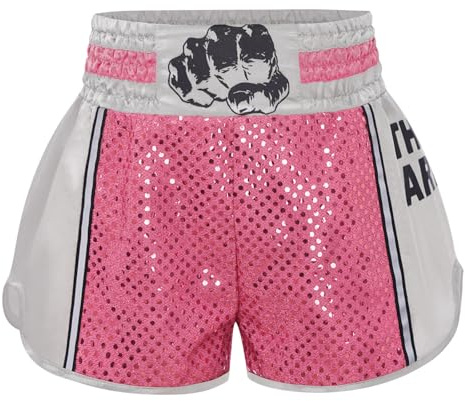 Mufeng Pantaloncini da Boxe per Bambini per Muay Thai Allenamento di Combattimento Arti Marziali Kickboxing Boxing Shorts Strass Pantaloncini Pugilato Rosa 11-12 Anni
