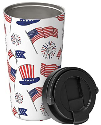Mug Isotherme Avec Poignée Drapeaux Américains, Images De Feux D'Artifice Tasse Thermique À Double Paroi Avec Couvercle Mug De Voyage, Pour Thé, Café, Boissons Chaudes Et Froides, 17Oz