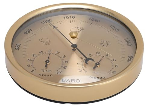 FTVOGUE Stazione Meteorologica Barometrica 3 in 1, Misuratore Meteorologico in Lega di Alluminio con Quadrante Dorato da 5,12 Pollici per Uso Interno Ed Esterno, Casa, Ufficio, Giardino