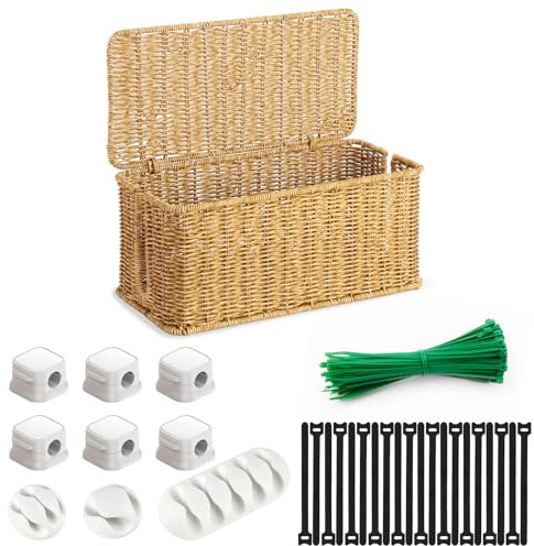 Vivipayo Kabelbox, Rattan Kabelmanagement Box, Hand-Woven Wire Storage, Unter Schreibtisch Kabel Organizer Box, Kabelsalat Verstecken, Kabelorganizer Box Set, für Zuhause und Büro