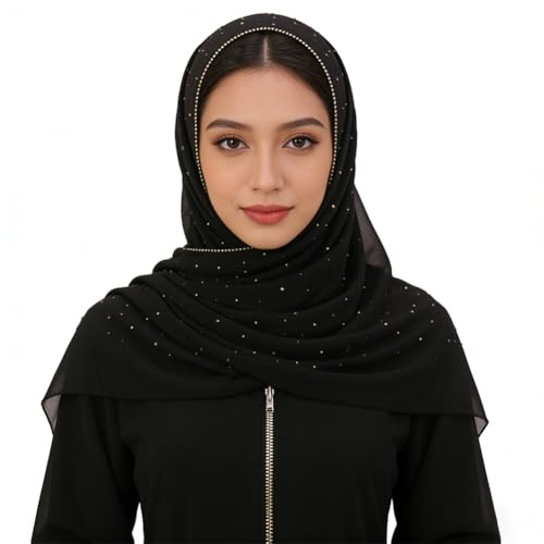 FVEILOV Scialli lunghi da donna in chiffon con strass e glitter, hijab, scialli pashmina, nero, Large