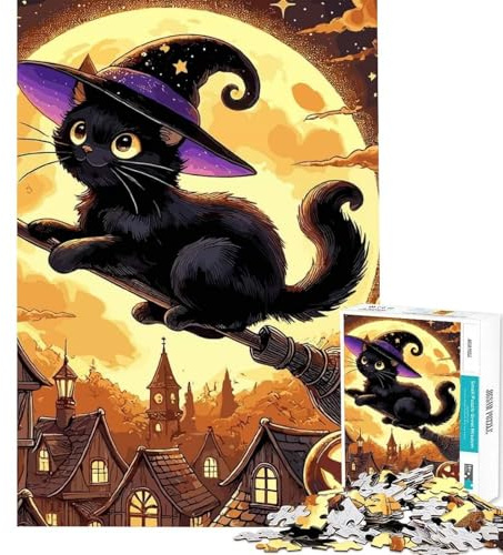 Teenagers 1000 Piece Jigsaw Puzzle Black Cat Witch on Broom Teenager Puzzles DIY Toys Difficult Challenge Fun at Home Activities, (Size 38x26cm)