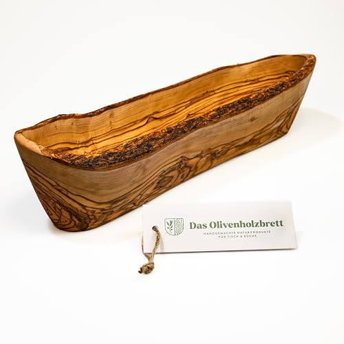 das Olivenholzbrett® / Baguetteschale aus Olivenholz/Brotschale aus Holz/länglich geformte Snackschale aus Olivenholz/Baguette Schale/im Naturschnitt / 45cm | Perfekt zum Servieren von Baguette/aus hochwertigem Olivenholz/mediterrane Schale aus Holz