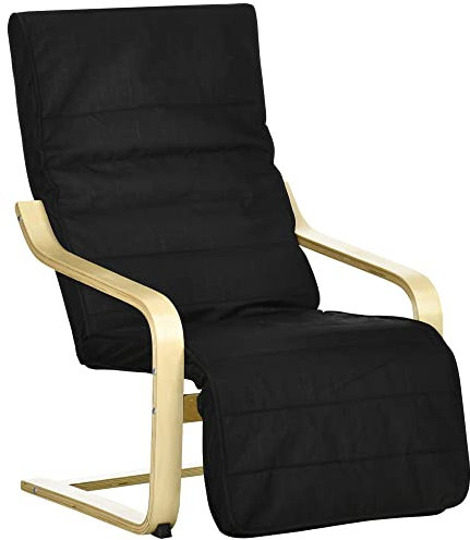 HOMCOM Wooden Lounging Chair Deck Relaxing Recliner Lounge Seat with Adjustable Footrest & Removable Cushion, Black