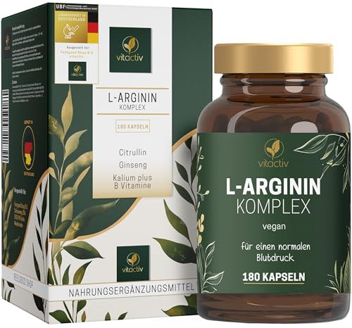 VITACTIV Arginin Komplex - L-Arginin Kapseln Hochdosiert - Mit Citrullin, Ginseng, Kalium plus B Vitamine für Blutdruck & Blutbildung - Vegan, Zuckerfrei - Laborgeprüft, 180 Arginin Kapseln