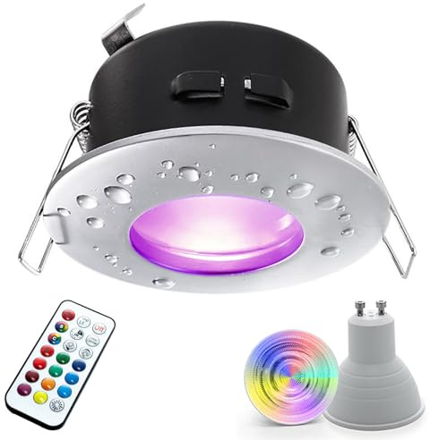 Faretto Incasso tondo IP65 per Cromoterapia Box Doccia Ambienti Umidi Relax Bagno Vasca Luce LED 6W RGB multicolore + Luce Bianca Impermeabile Tenuta Stagna con Telecomando RF (Alluminio Cromato)