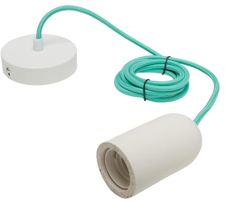 Girard Sudron Suspension E27 Béton Blanc + Câble 2 Mètres Textile Jade + Pavillon Acier Blanc