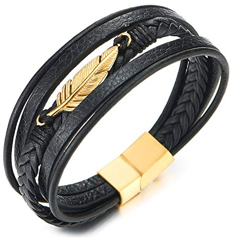 COOLSTEELANDBEYOND Armband aus Edelstahl, Feder, mehrsträngig, schwarz, geflochten, Leder, für Männer und Frauen