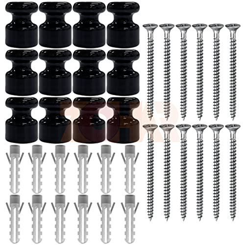 ZOHAR 12 Stück Vintage Isolatoren für Textilkabel Porzellanisolatoren Aufputz Kabelhalter Kabelführung Retro Wandpins Isolator aus Porzellan Wand und Deckenpins Kabelhalterung Schwarz Glänzend Ø18mm