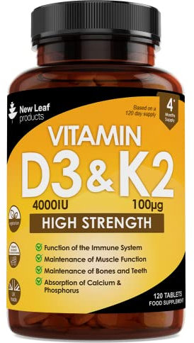 Vitamin D3 K2 - Vitamin D3 4000iu & Vitamin K2 100ug (MK7) 4 Months Supply, Supports Immunity, Calcium Absorption and Bone Health, Non-GMO, UK Made by New Leaf 120 Micro Small Vegetarian Tablets,