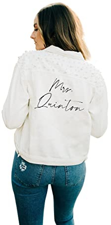 Monicustom Veste en Jean Blanche Personnalisée pour Femme pour Mariée avec Perles, Veste en Denim pour Épouse, Taille M