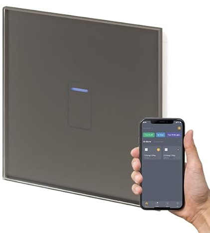 Retrotouch Crystal+ Touch WiFi Switch | 1 Gang Smart Light Switches | Multi Control | Remote Control | App Compatible With Alexa & Smart Life | Grey Glass Finish | LED Indicator